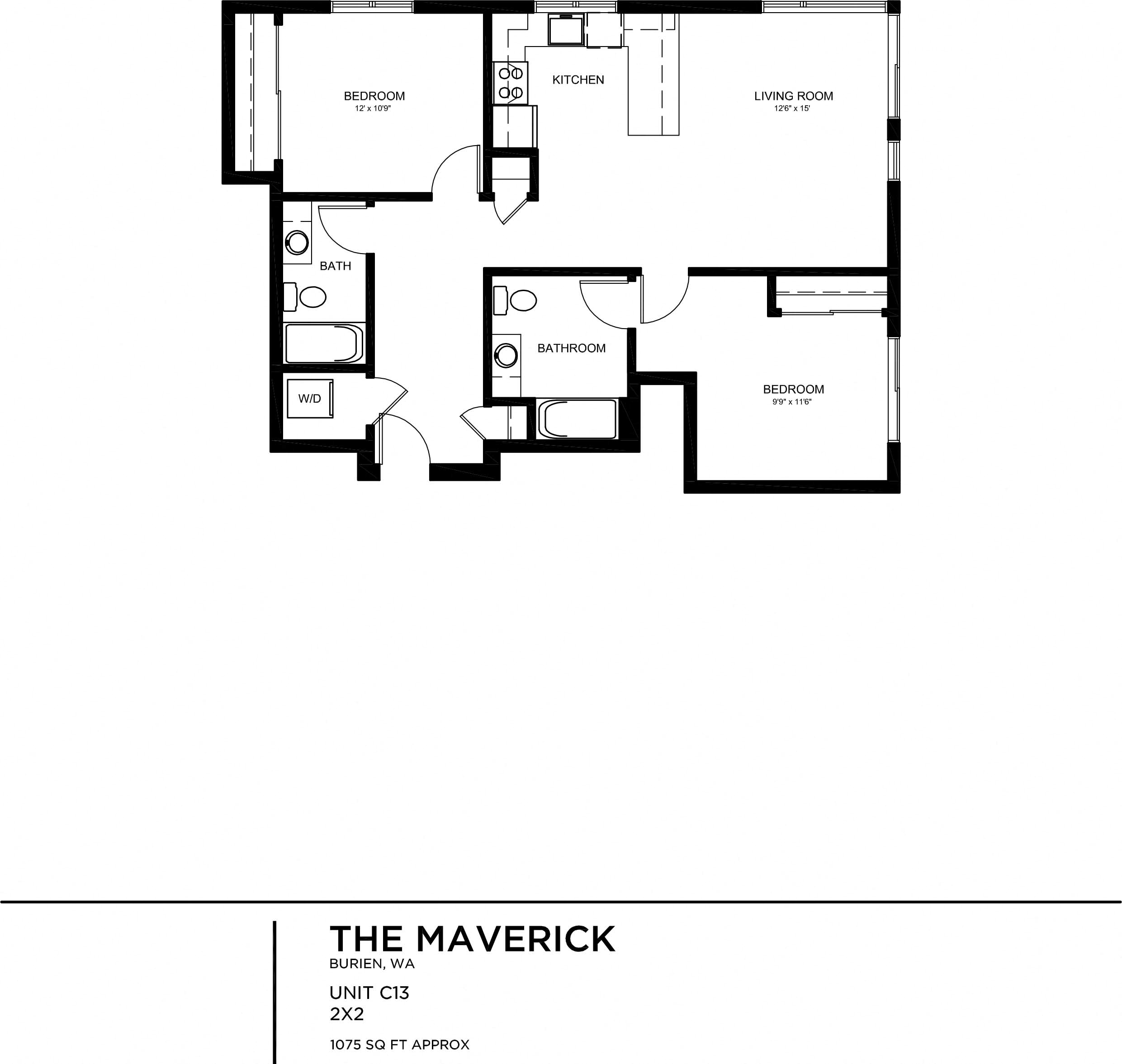 Floor plan for 2 beds, 2 baths, 1076 sqft